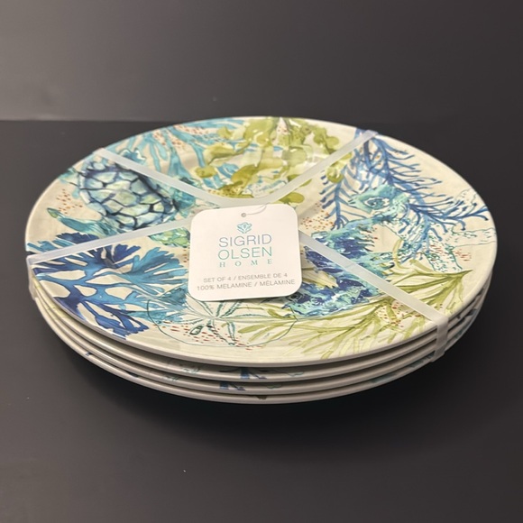 5pc SIGRID OLSEN Blue and Green Coastal Art Bowl & Dinner Plate Set - Melamine - Picture 10 of 10